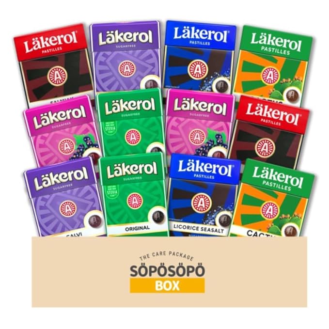 Lakerol Läkerol Sugarfree Pastilles 6-Flavor Variety: Two 0.8 oz packages each in a SOPOSOPO Box (Total of 12 items) SÖPÖSÖPÖ Box