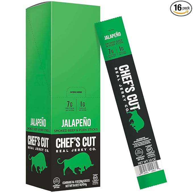 Chef’s Cut Real Snack Sticks | High Protein Meat Snack Sticks with 8g Protein Gluten Free Keto-Friendly| Premium Smoked Beef &amp Pork Blend | Jalapeño Heat | 1 oz Stick (16-Count Bag)