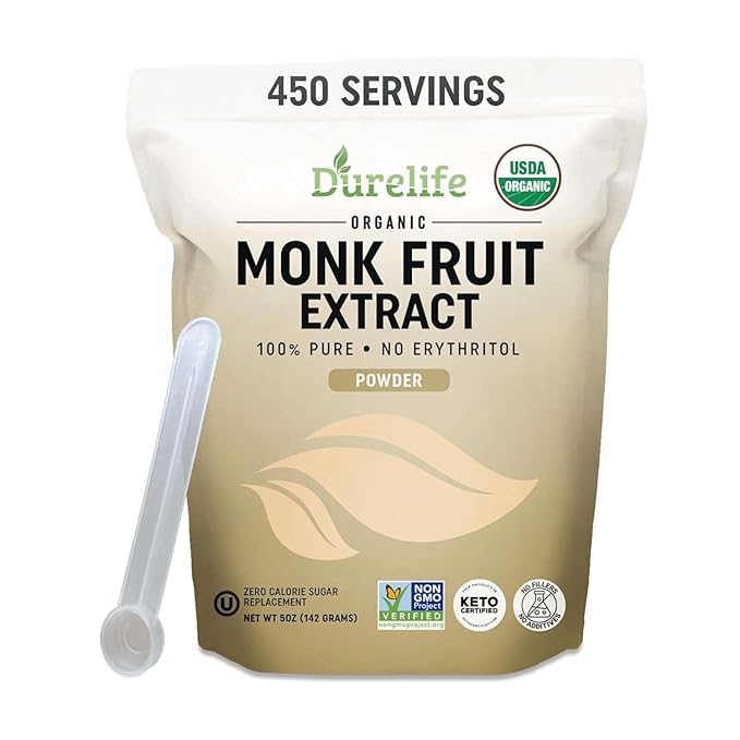 Durelife Organic 100% Pure Monk Fruit sweetener No Erythritol Monkfruit Extract Powder USDA organic NON-GMO Project Verified Keto Certified OU kosher No Fillers Zero Calorie Sugar Substitute 5 OZ