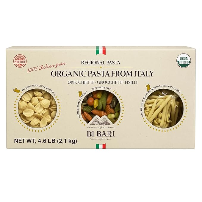 Di Bari Organic Regional Pasta Variety Pack – 5 Italian Shapes (Orecchiette Gnocchetti Fusilli Cicatelli &amp Maccheroni Tricolore) – USDA Organic Bronze Die Cut Product of Italy – 4.6 lb Each (