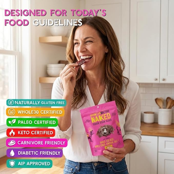 Brooklyn Biltong Air Dried Grass Fed Beef Snack South African Beef Jerky (8 oz Pack of 2) - Whole30 Approved Paleo Keto Gluten Free Sugar Free Made in USA - (Naked Chili)