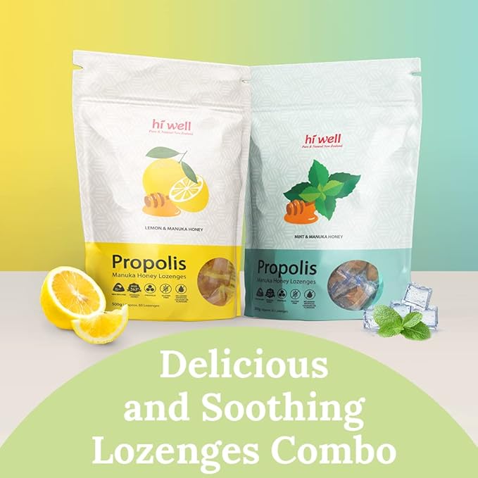Lozenges Pack (Hi Well Propolis Manuka Honey Lozenges Lemon&ampManuka Honey 500g + Hi Well Propolis Manuka Honey Lozenges Mint&ampManuka Honey 500g)