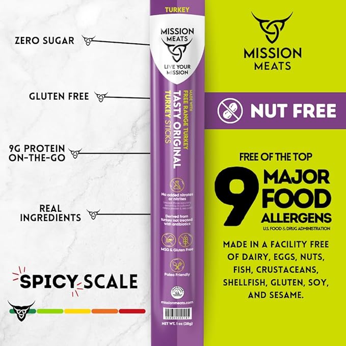 Mission Meats Turkey Sticks 100% Free Range Turkey Jerky Zero Sugar Delicious Healthy Snacks 9g Protein Individually Wrapped Gluten Free Original 1oz (12ct)