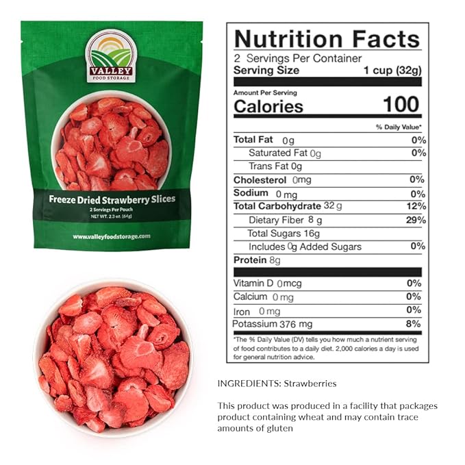 Valley Food Storage Freeze Dried Strawberries | Emergency Food Supply 25 Year Shelf Life | Survival Food Camping Snacks &amp Long Term Prepper Storage | Real Fruit Packaged in USA (10 Bags + Bucke