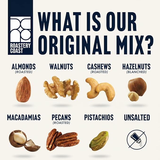 Roastery Coast - Mixed Nuts Variety Pack for Adults | Healthy Snacks | Individual Packs | Unsalted | No Peanuts | Assorted Nuts Snack | Pistachios | Almonds | Hazelnuts | Pecans | Slow Dry-Roasted
