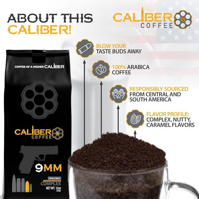 Caliber Coffee 9MM Ground Medium Roast – Complex Nutty Caramel Flavors – 100% Artisan Roasted Arabica Coffee – Small-Batch Hand-Crafted – Veteran Owned – 12oz Bag