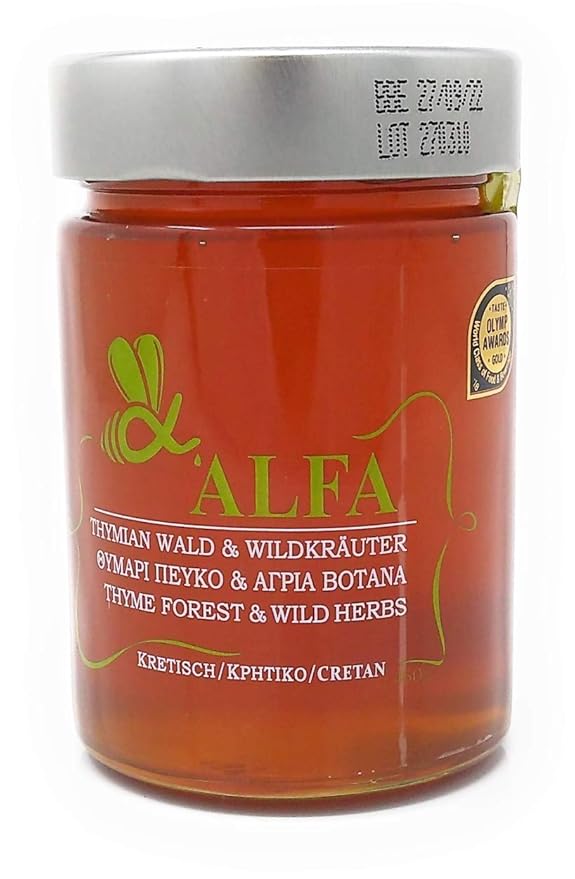 Alfa Honey – 100% Pure Raw Cretan Thyme Honey | Award-Winning | Unfiltered &amp Unprocessed | From the Mountains of Crete | 450 gram glass jar
