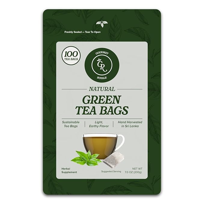 Gourmet Royale Green Tea Bags 100 Count Sustainable Tea Bags Caffeinated Resealable Pouch Pure &amp Natural Grown in Sri Lanka (Pack of 1)