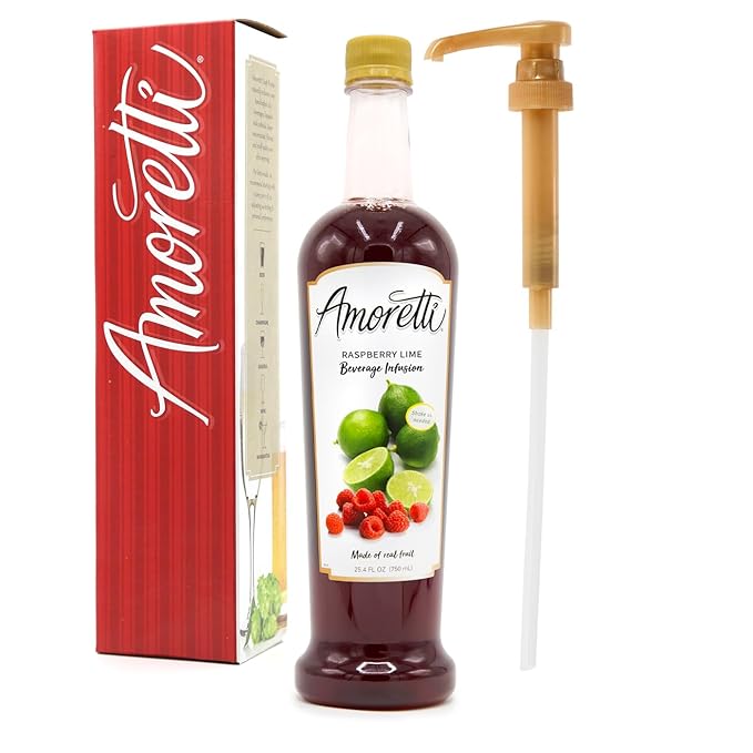 Amoretti - Raspberry Lime Beverage Infusion 94 Servings Per Bottle (750 ml) - Drink Mix &amp Water Enhancer with Pump for Flavoring Cocktails Waters Teas and other Beverages Preservative Free