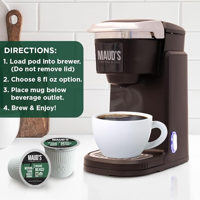 Maud's Organic Mexican Coffee Pods 50 ct Single Origin Mexican Medium Roast Coffee in Single Serve Pods – 100% Arabica Coffee Compatible with Keurig K Cups Maker