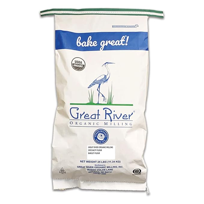 Great River Milling Organic Barley Flour | Unbleached Unbromated Non-GMO Kosher | High Fiber Nutty Flavor Perfect for Breads Pancakes &amp More | 25 Lb