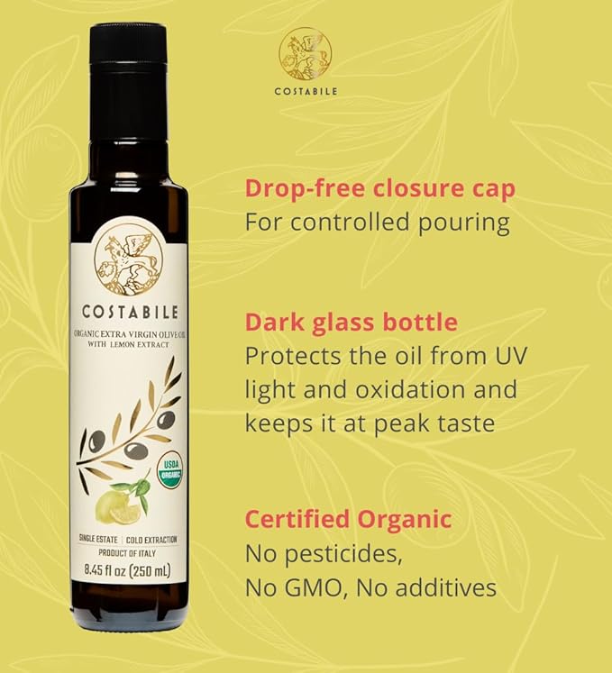 Lemon Olive Oil Extra Virgin from Italy. Organic lemon infused olive oil. Ideal for lemon olive oil dressing and lemon oil for cooking. Single-source - COSTABILE 8.45 Fl. Oz.