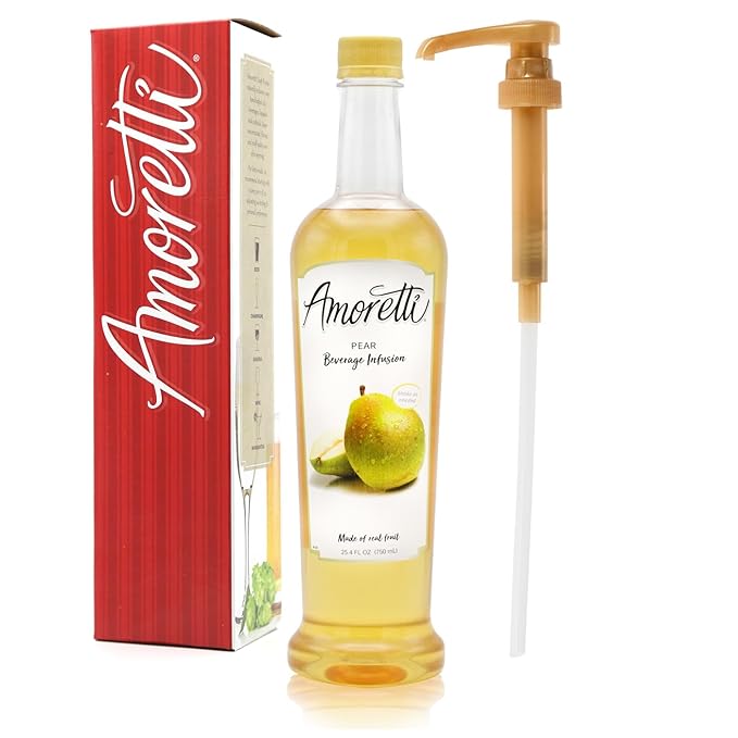 Amoretti - Pear Beverage Infusion 94 Servings Per Bottle (750 ml) - Drink Mix &amp Water Enhancer with Pump for Flavoring Cocktails Waters Teas and other Beverages Preservative Free