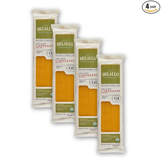DeLallo Organic Capellini Pasta Made with Only 100% Semolina Durum Wheat Flour Bronze Cut Made in Italy Non-GMO Kosher Vegan Preservative Free 1 Pound Bag (4 Pack)
