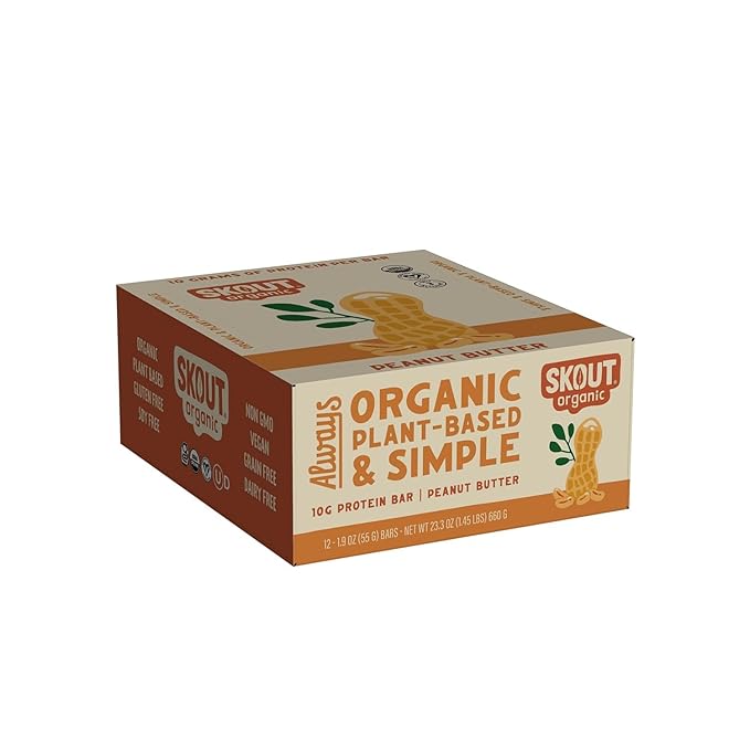 Skout Organic Plant-Based Protein Bars Peanut Butter (12 Pack) – 10g Protein – Vegan Protein Bars – Only 3 Ingredients – Easy Snack – Gluten Dairy &amp Soy Free