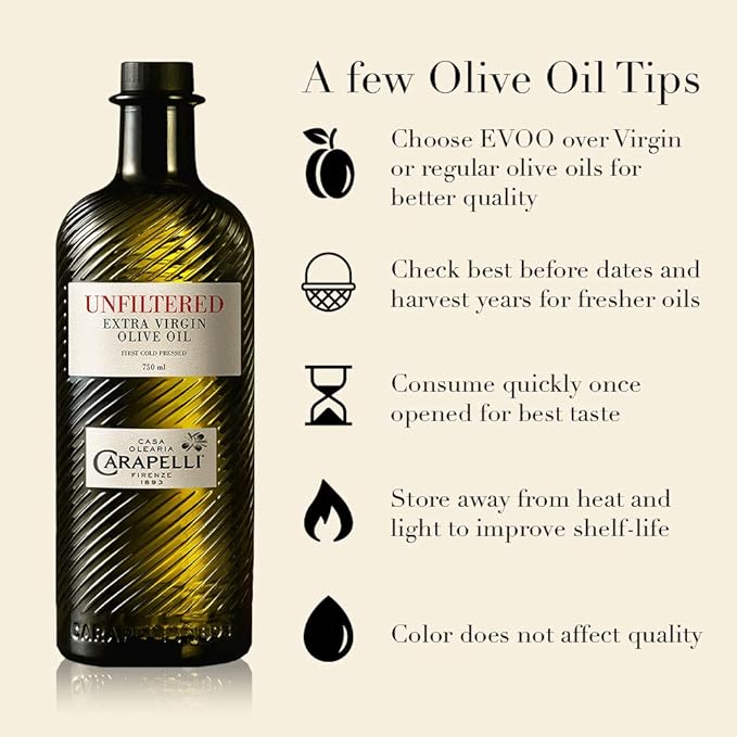 Carapelli - Unfiltered Organic Extra Virgin Olive Oil: First Cold-Pressed EVOO – 33.8 Fluid Ounces (1 Liter)