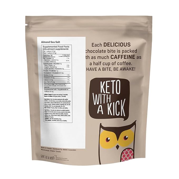 AWAKE - Caffeinated Chocolate Bites - 50mg of Caffeine - Bite-Size Energy Bars - Low-Calorie Snacks - Keto - Gluten-Free - Non-GMO - Coffee Alternative - Almond Sea Salt Dark Chocolate - 50 Bites