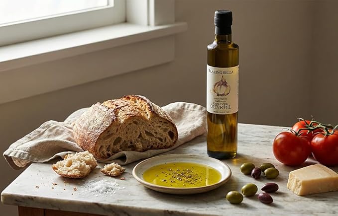 Blazing Bella Garlic Infused Extra Virgin Olive Oil - Rich Fresh Garlic Flavor Cold Pressed California Olive Oil Perfect for Pasta Vegetables Bread and Everyday Cooking - 16.9 fl oz (500ml)