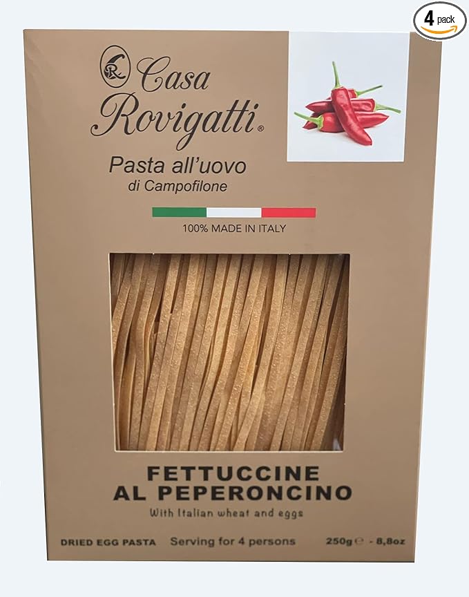 Fettuccine with Chilli Pepper Egg Gourmet Pasta (Pack of 4) - Italian Fettuccine Al Pepperoncino Pasta Di Campofilone- Imported Italian Egg Pasta- 8.8 ounces / 250 grams