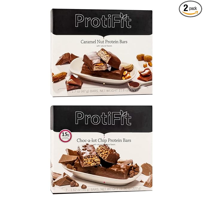 PROTIFIT - Low Calorie Caramel Nut &amp Choc-a-lot Chip Protein Bar 2 Pack High Protein 15g Protein Low Carb Low Sugar Ideal Protein Compatible 7 Servings Per Box (2 Pack)
