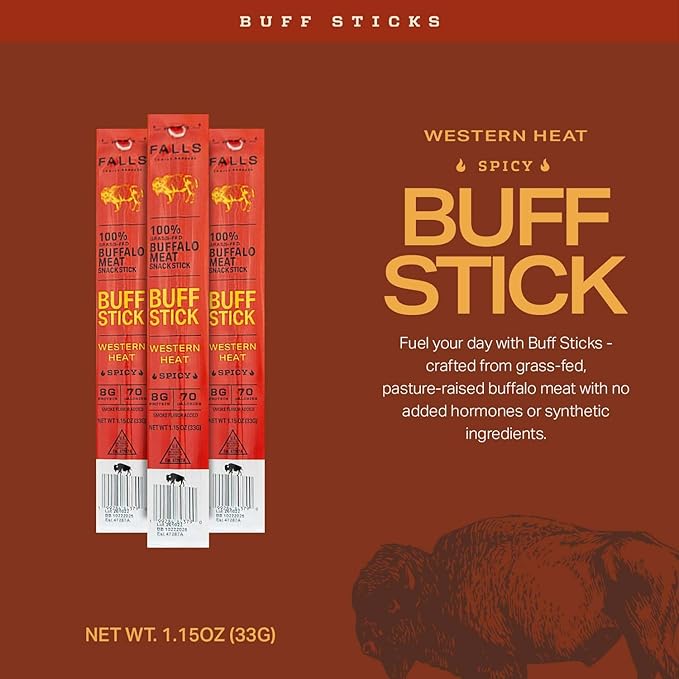 Grass-Fed Buffalo Meat Snack Sticks Western Heat Spicy by Falls Family Ranches 12 Pack 1.15oz Stick Carton 8g Protein 0g Sugar 70 Calories