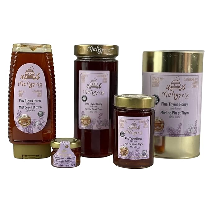 Meligyris Pure Pine Thyme Honey from Crete Greece - 100% Pure Raw and Unfiltered Non-GMO - 26.4555 Ounce Jar