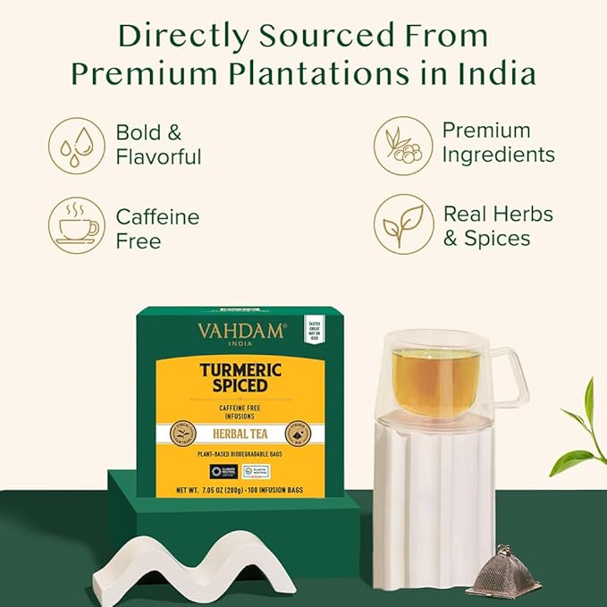 VAHDAM Turmeric Spice Herbal Tea Bags (100 Pyramid Tea Bags) | Caffeine Free Non GMO &amp Gluten Free | Turmeric Ginger Tisane with Cardamom Cinnamon Lemongrass &amp Black Pepper