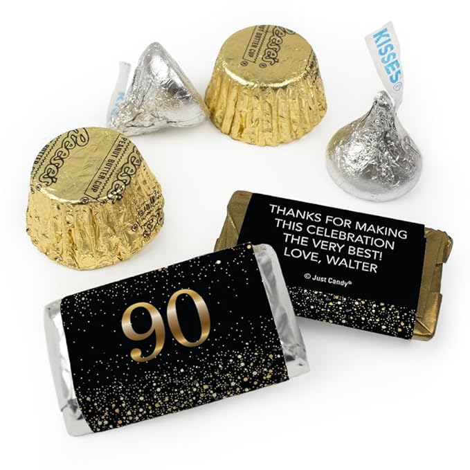 200pcs Personalized 90th Birthday Candy Kit Chocolate Party Favors for Guests Candy Buffet Supplies (Custom Wrapped Miniatures Kisses Peanut Butter Cups) - 90th