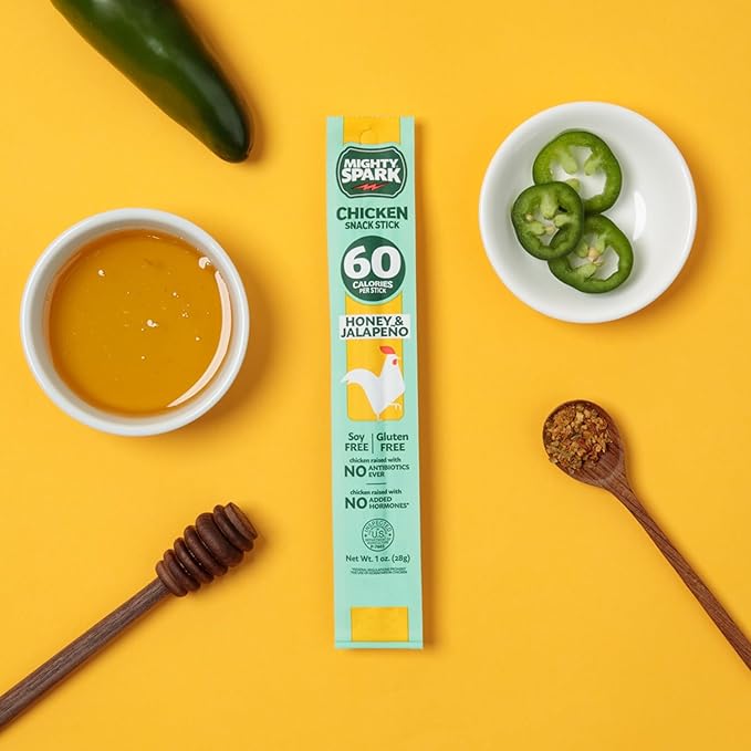 Mighty Spark Chicken Snack Sticks - Honey and Jalapeno - 6g of Protein No Antibiotics Ever No Hormones Added Gluten Free Soy Free Meat Sticks - High Protein Keto Snacks Weight Watchers Approved S