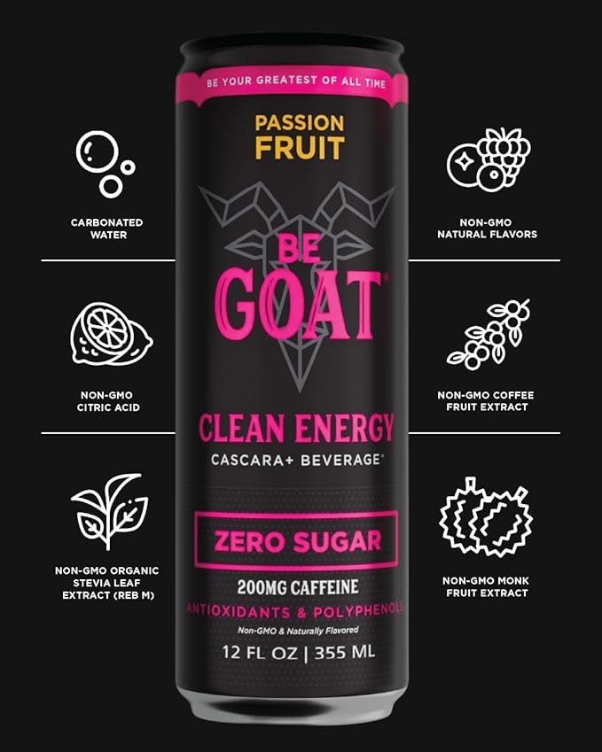BeGOAT Clean Energy | Passion Fruit Zero Sugar | 6 Ingredients Plant-Based Zero Sugar Non-GMO Vegan | 200mg Natural Caffeine | 12 fl oz Cans (Pack of 12)