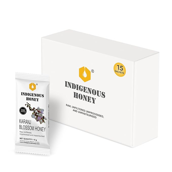 INDIGENOUS HONEY Natural Karanj Honey Organic Raw Pure Unprocessed Added Sugar Free NMR Tested Unpasteurized Unheated 15 Travel Sachets 15g Each Total 225g