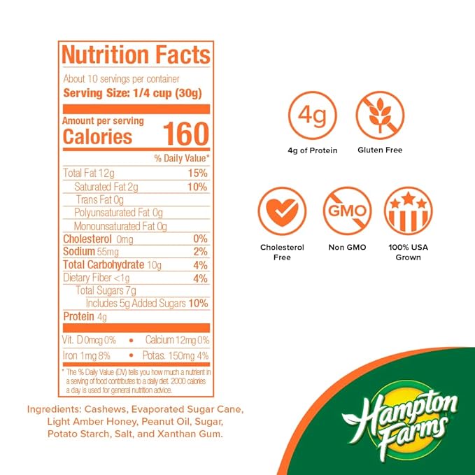 Hampton Farms - USA Grown Gourmet Nuts - Honey Roasted Cashews - 11 oz. Canisters - 2 Pack