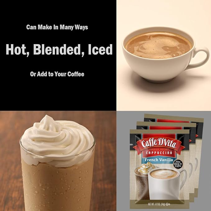 Caffe D'Vita French Vanilla Cappuccino Mix - Instant Cappuccino Mix French Vanilla Instant Coffee Gluten Free No Cholesterol &amp Hydrogenated Oils 99% Caffeine Free - Envelopes 0.5 Oz (Pack of
