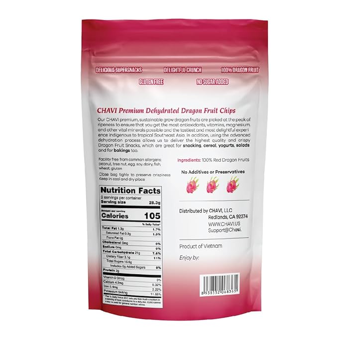 CHAVI Dragon Fruit Chips - Pack of 6 x 2 Oz - Healthy 1 Ingredient Superfood Snack - No Added Sugars or Preservatives - Non-GMO Vegan Gluten-Free (Pack of 6)
