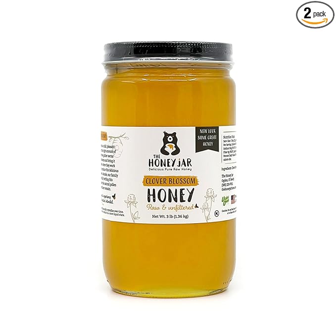 The Honey Jar Raw Clover Honey - Unfiltered and Unpasteurized - Pure Honey Sourced from Family-owned Farms in the USA - 2 x 3lb (48oz) Jars