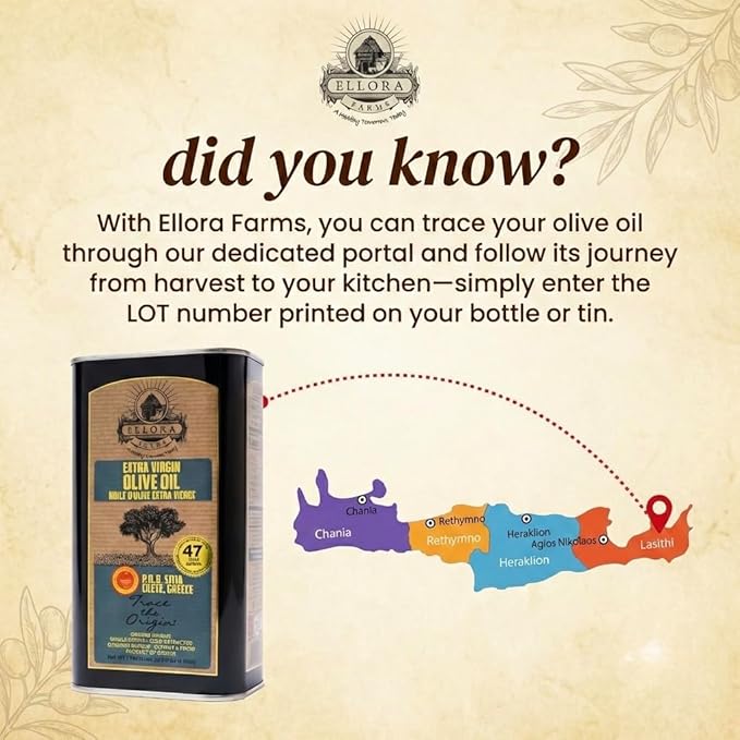 Ellora Farms Greek Extra Virgin Olive Oil Certified PDO SITIA Single Estate Single Origin High in Phenols Cold Press &amp Traceable Olive Oil Crete Greece Kosher 1 Lt Tin (33.8 oz.)