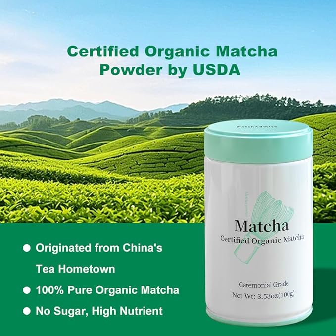 MatchAdmire Ceremonial Grade Matcha Powder Organic Green Tea Powder Rich Flavor100% Vegan with No Fillers Radiation-Free 3.53oz Tin