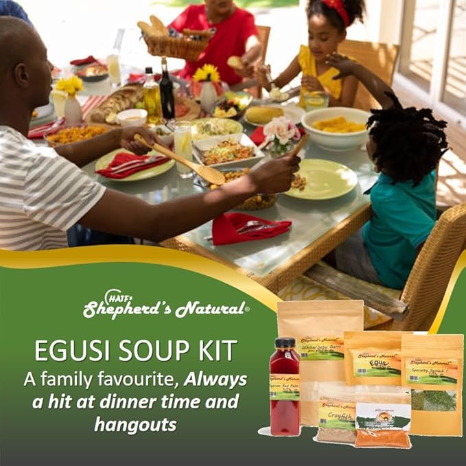 EGUSI SOUP MADE EASY – Get the rich traditional taste of Nigeria in minutes! This full 1.75LB jumbo kit by HATF'S SHEPHERD'S NATURAL serves 4–6 and cooks in just 20 minutes. Perfect for easy meals!