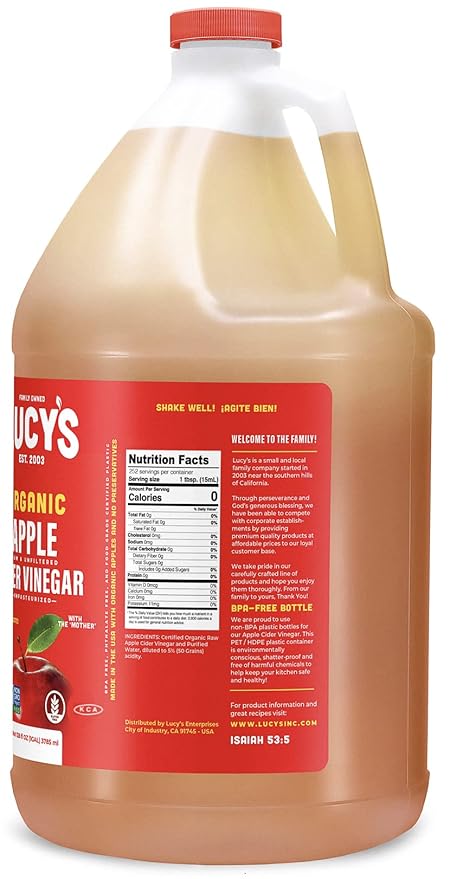 Lucy's Family Owned - GALLON SIZE Organic With the Mother Apple Cider Vinegar Unfiltered Unpasteurized NonGMO and Raw