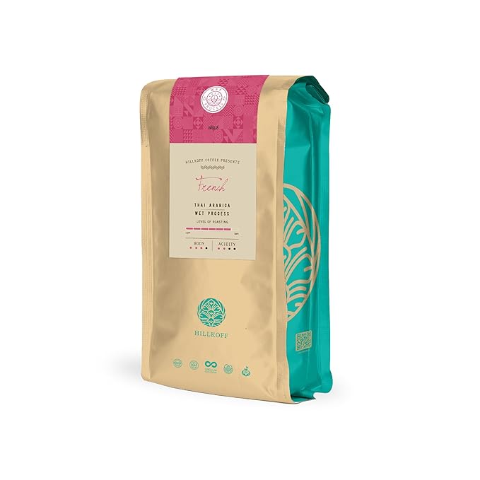 Hillkoff Coffee Beans form Northern Thai Arabica 100% Coffee Beans French Roast Whole Beans Coffee 8.8 Oz Thai Coffee House Coffee Thai Product (Medium Redish Brown Roasted) (French 250 grams)