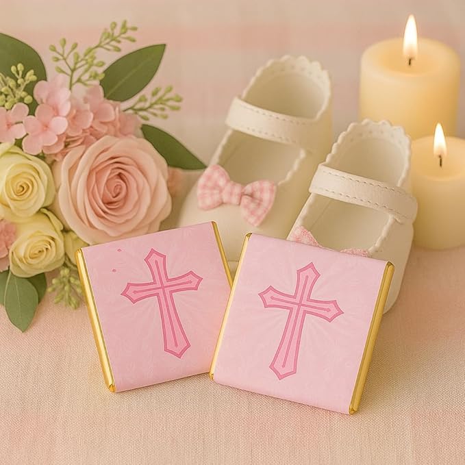 Baptism Favor Chocolates – 9 Cross Designs 7g Neapolitan Mini Bars Religious Party Favors Bulk Pack (50 pcs)