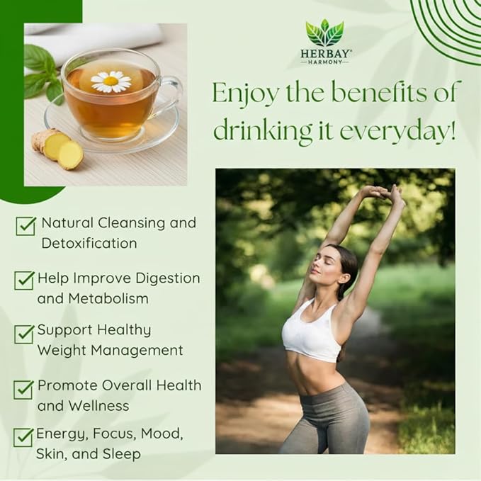 Herbay Harmony Organic Detox Tea – Caffeine-Free Herbal Cleanse for Bloating Relief Digestive Tea &amp Natural Body Detox Organic Herbal Blend with Ginger Chamomile &amp Papaya - 12 Pack (12 Week
