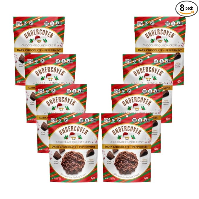 Undercover Chocolate Quinoa Crisps - Dark Chocolate + Peppermint Quinoa Crisps | 8-Pack 2oz Bags | Gluten Free Nut-Free Allergen Friendly Kosher Plant-Based