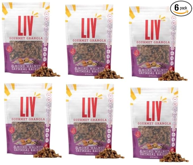 Liv Gourmet Oatmeal Raisin Granola - 8oz (Pack of 6) | Healthy Nutrient-Dense Snack Breakfast Cereal | 1:1 Nut-to-Oat Ratio | Non-GMO Low Sugar Vegan | Organic Oats No Artificial Ingredients No