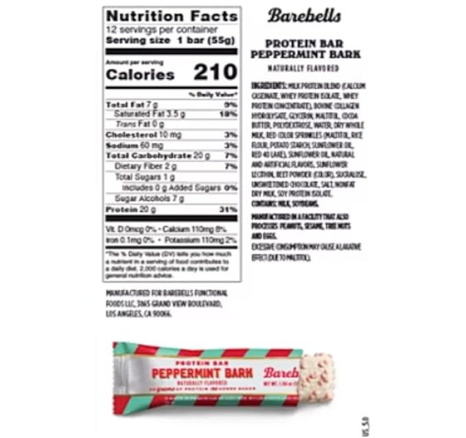 Barebells Protein Bars Peppermint Bark - 12 Count 20g Protein Creamy Vanilla Nougat with 1g Sugar White Chocolate Coated Snack for Breakfast or Post-Workout