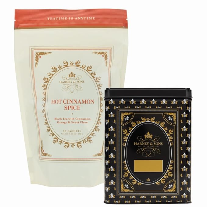 Harney &amp Sons Hot Cinnamon Spice Tea &amp Black Tea Canister 50ct sachet &amp Storage Tin Set