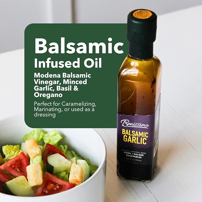 Benissimo Herb Infused Cooking Oil Chef Pack – 4 Artisan Flavored Oils: Italiano Roasted Garlic Mediterranean Garlic &amp Balsamic Garlic – Gourmet Cooking Oil Gift Set All Natural 8.1 fl oz Each