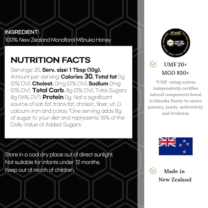 Hi Well Premium New Zealand 100% Manuka Honey UMF 20+ MGO 830+ | Certified Monofloral Raw Honey (500g)