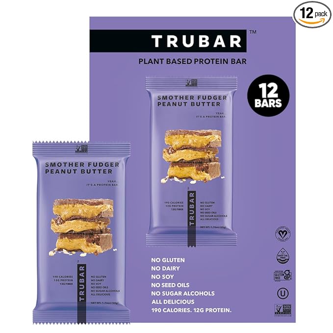 TRUBAR Vegan Protein Bar Smother Fudger Peanut Butter Gluten Free Plant Based Protein Dairy Free Non GMO Soy Free No Sugar Alcohols 12G Protein 13G Fiber Healthy on the Go Snack Bars 12 CT