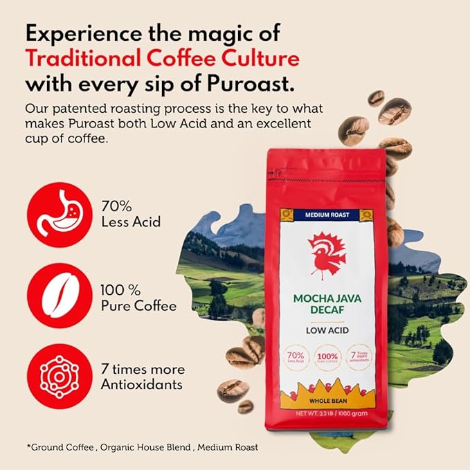 Puroast Low Acid Coffee Decaf Flavored | Decaf Mocha Java Whole Bean | Medium Roast | High Antioxidants &amp High pH |No Bitter Aftertaste | Reduced Heartburn &amp GERD | Suitable for Cold Brew - 2.